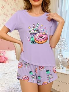 Women's Casual Pajama Set, Short Sleeve Top and Shorts, Soft, Loose and Comfortable Loungewear with Cute Print