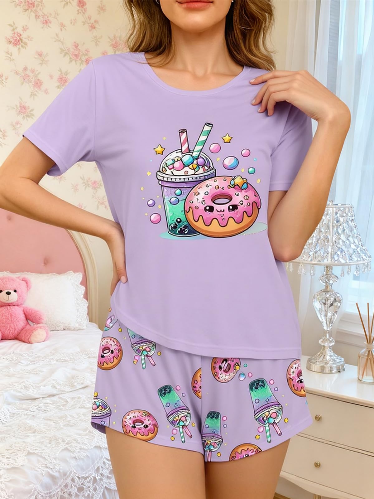 Women's Casual Pajama Set, Short Sleeve Top and Shorts, Soft, Loose and Comforta