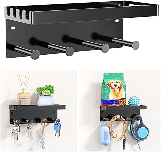 YYBO Key Holder for Wall with 4 Key Hooks, Dog Lead Hooks, Metal Key Rack with Shelf, Home Decor Key Hangers Mail Rack Organizer for Entryway, Hallway, Office, Drilling or Self Adhesive (Black)