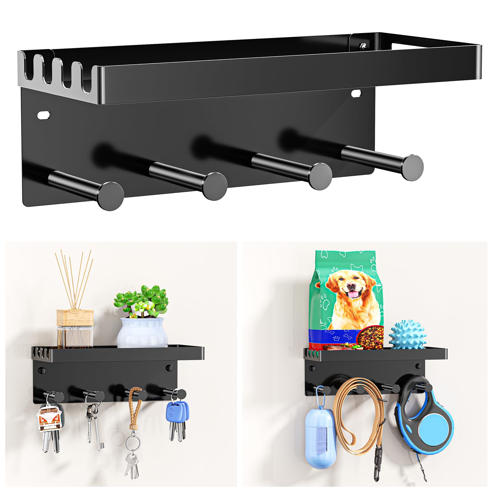 YYBO Key Holder for Wall with 4 Key Hooks, Dog Lead Hooks, Metal Key Rack with S