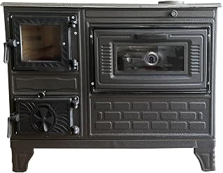 Cast Iron Stove with Oven, Durable Cast Baking Oven, Cooker Oven by Burning Wood, Warming Heater Stove, Oven Section with Thermometer, Brick Lined Fireplace Made in Turkiye (Black-with-Window)