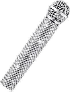 Sanwuta Fake Microphone Prop, Sparkly Bling Rhinestones Mic, Silver | Sparkle Bling Plastic Play Microphone, Pretend Glitter Bedazzled Mic, for Halloween Cosplay Party Costume