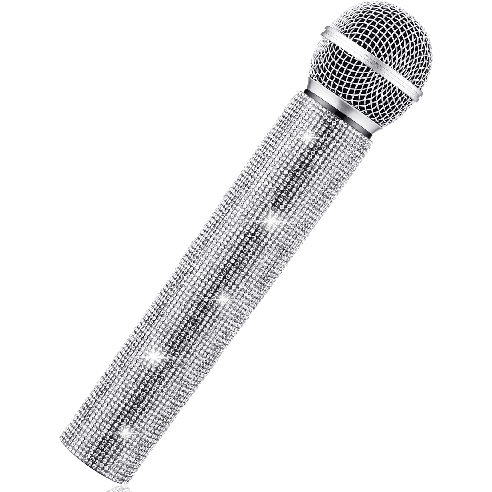 Sanwuta Fake Microphone Prop, Sparkly Bling Rhinestones Mic, Silver | Sparkle Bl