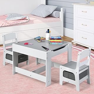 Costzon Kids Table and Chair Set, 3 in 1 Wood Activity Table for Arts, Crafts, Drawing, Reading, Playroom, Toddler Table and Chairs w/ 2 in 1 Tabletop, Storage Space, Gift for Boys Girls (Gray)
