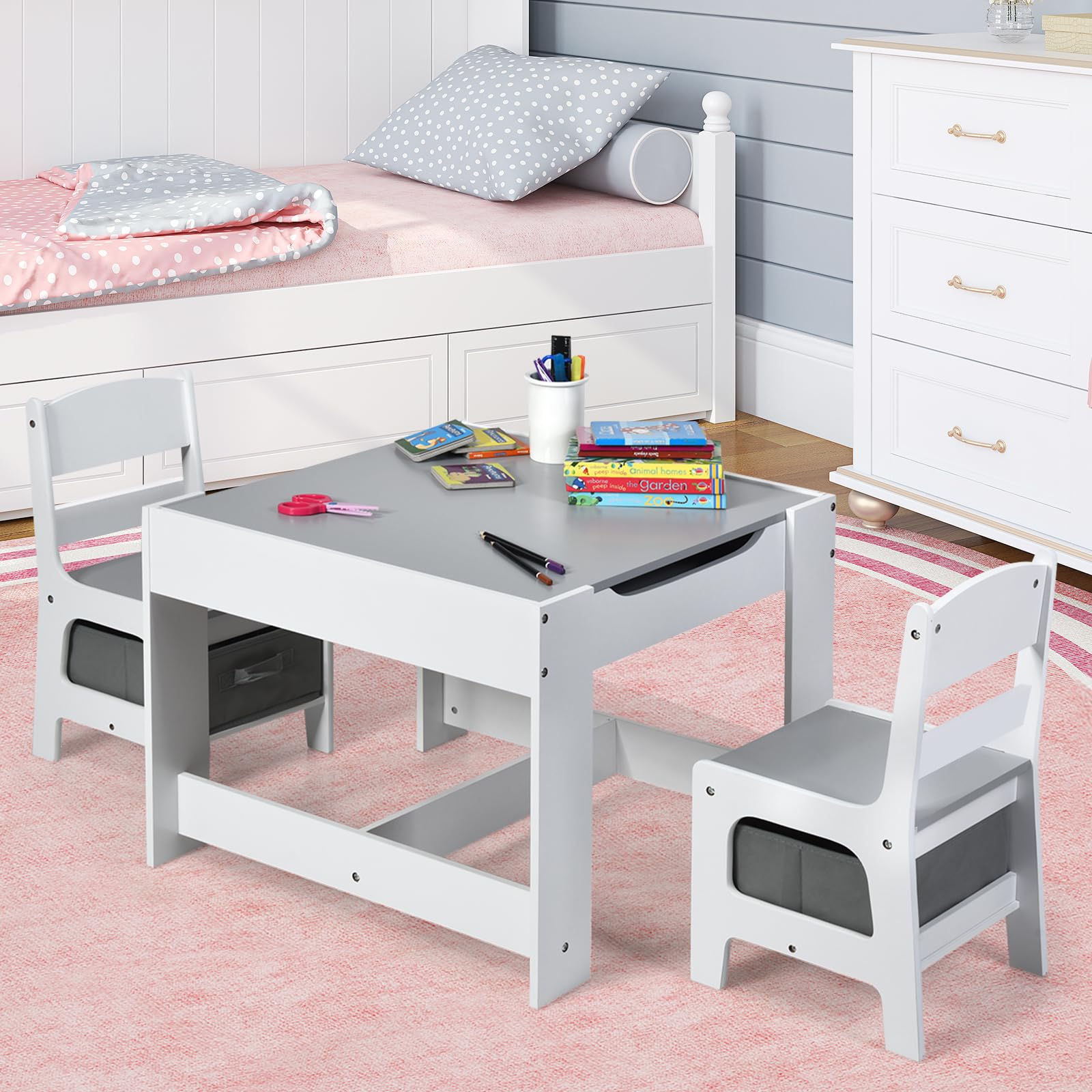 Costzon Kids Table and Chair Set, 3 in 1 Wood Activity Table for Arts, Crafts, D