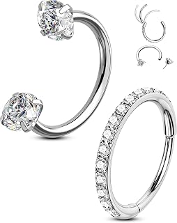 OUFER 2PCS Nose Rings Hoops, 20g Double Gem Horseshoe Nose Rings for Women, Threadless Nose Stud Cartilage Earrings, Septum Piercing Kit Daith Tragus Helix Rook Eyebrow Lip Piercing Jewelry