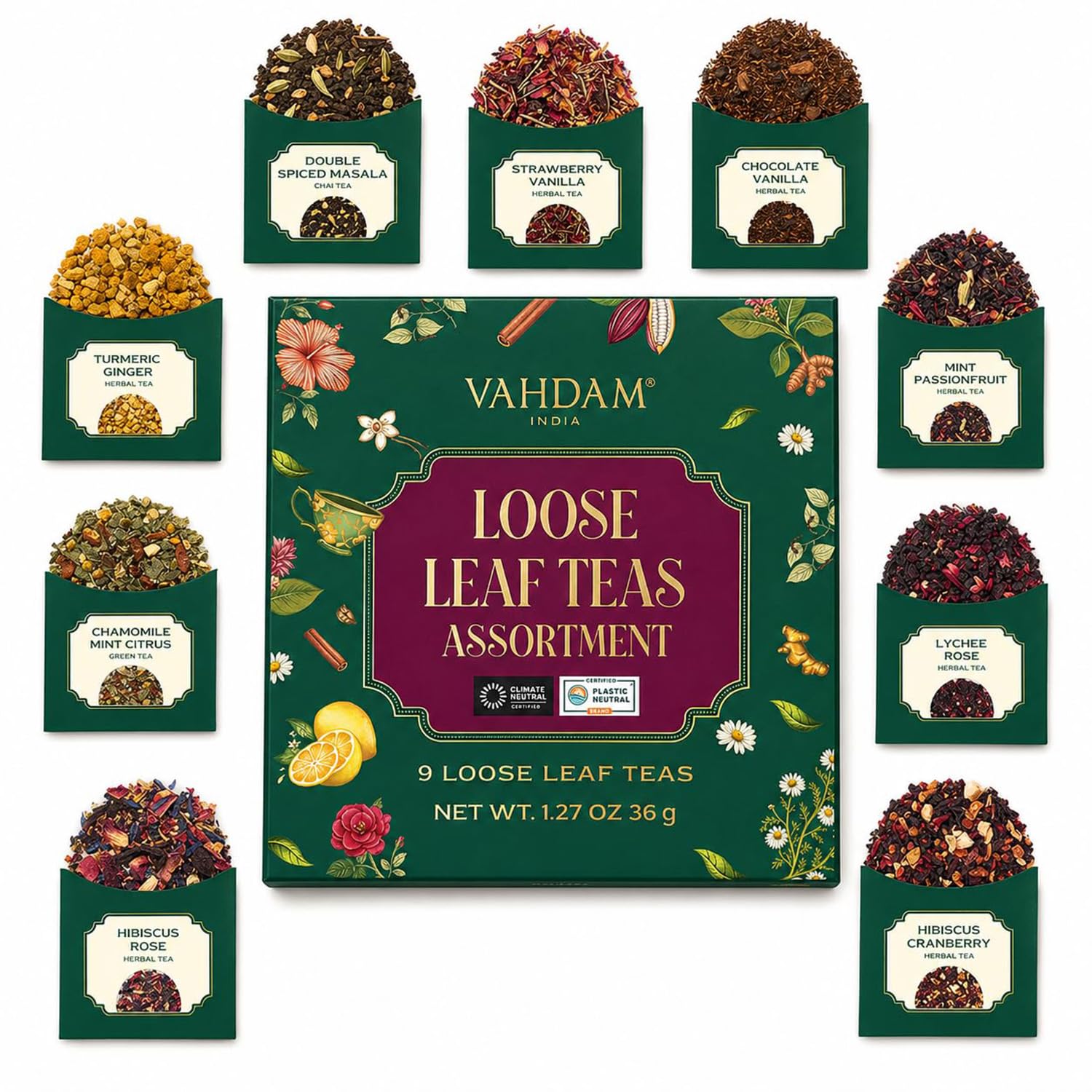 VAHDAM Herbal Loose Leaf Tea Sampler | 9 Exotic Tea Blends | Beautifully Package