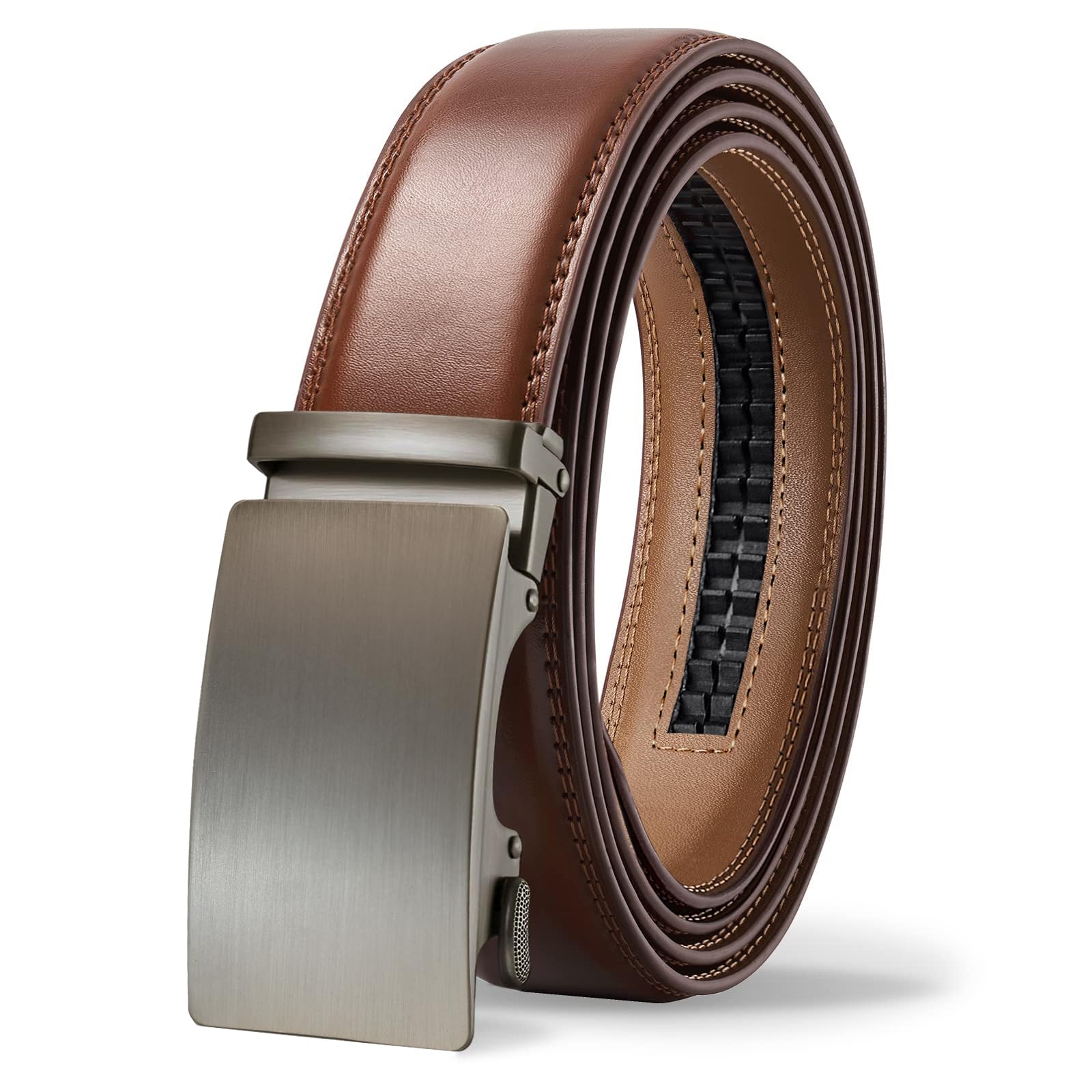 Tangchao Men's Leather Belt with Ratchet, Automatic Buckle, Business Suit Belt, 