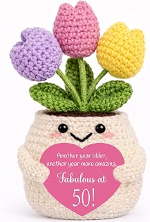 StyloSta 50th Birthday Gifts for Women Handmade Crochet Tulip Flowers | 50 year old Birthday Gift Card for Wife Mom Daughter Aunt Sister Friends ldeas