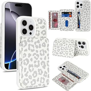 Cavor Custodia a portafoglio compatibile con iPhone 16 Pro Max con porta carte, slot di credito con cavalletto e supporto per telefono per donne e uomini, custodia protettiva in pelle PU - leopardo