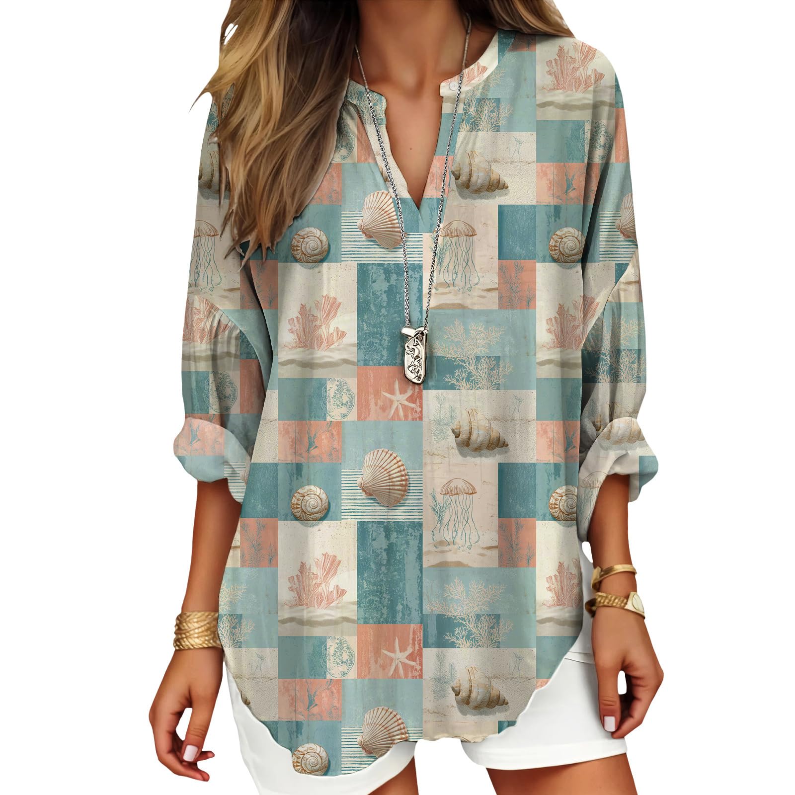 DMOYALA Womens Tops Dressy Casual Long Sleeve V Neck Tunics Plus Size Boho Flora