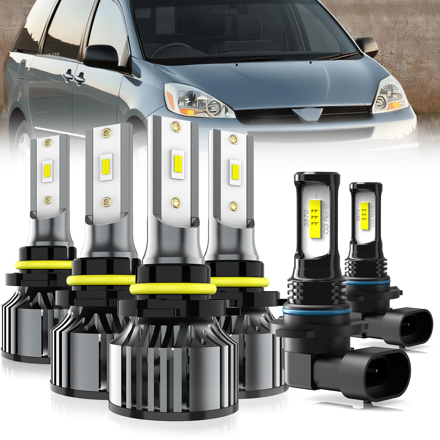LED Headlight Bulbs Compatible With Toyota Sienna 2006-2010,9005 + 9006 High Low
