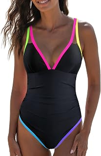 popvil Women One Piece Swimsuit 2025 Tummy Control Neon Color Block Swimwear Deep V Neck Slimming Swimsuit
