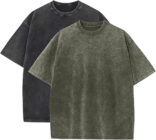 Bobeutou Oversized Vintage Acid Wash Tshirt for Men Cotton Solid T Shirt Streetwear Basic Tees Casual Baggy Loose Shirts Tops
