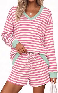 Ekouaer Set da salotto da donna, 2 pezzi, a maniche lunghe, casual, a righe