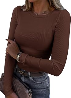 Roselux Women's Long Sleeve Stretch Round Neck Ribbed T-Shirt Custom Casual Basic Tops