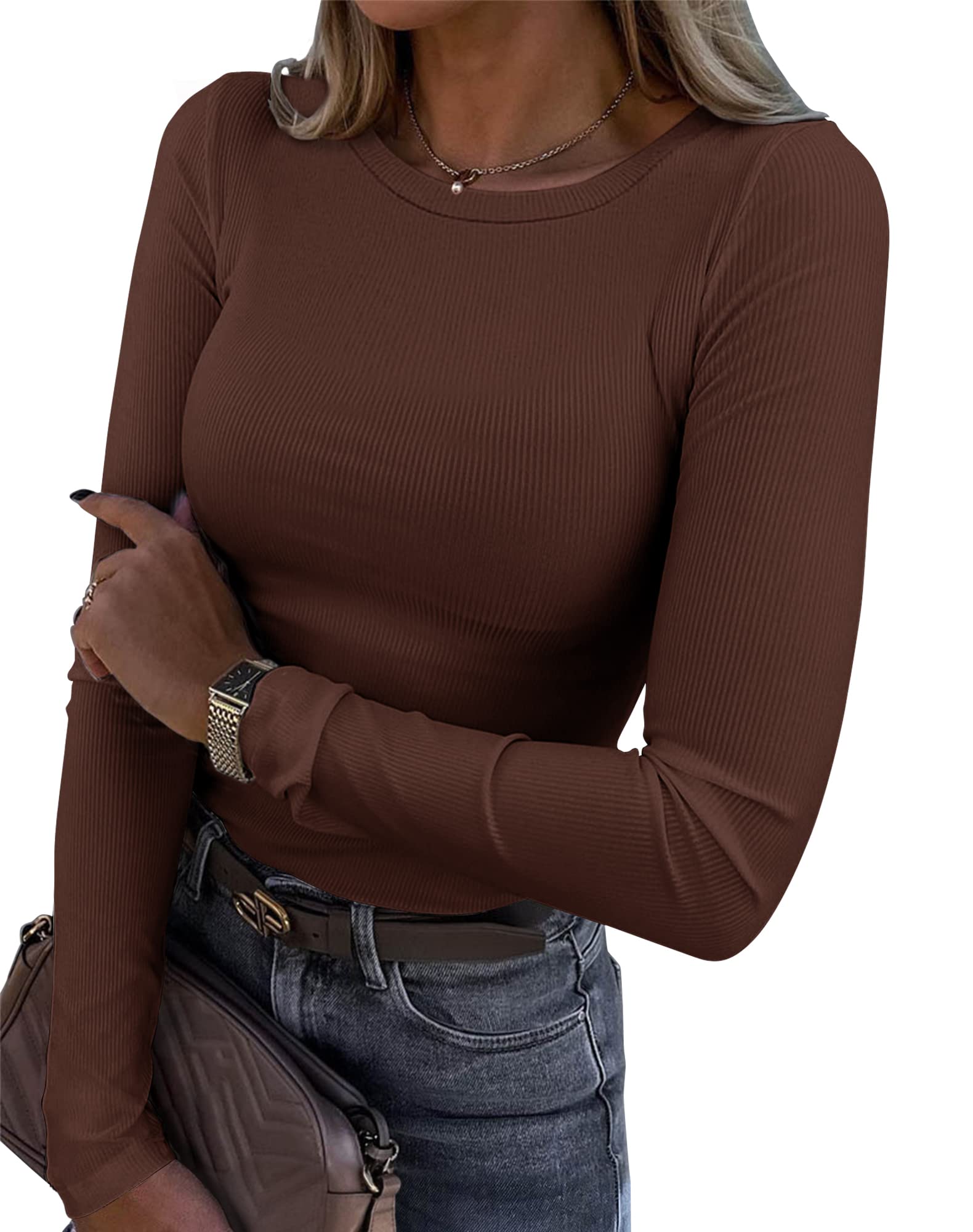 Roselux Women's Long Sleeve Stretch Round Neck Ribbed T-Shirt Custom Casual Basi