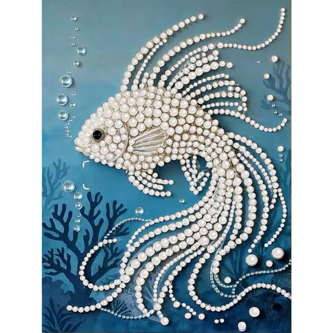 Fish Pearl Diamond Art Kits for Adults, Full Drill Wall Art 11.8X11.8In