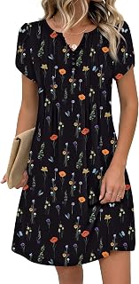 Zeagoo Women's Casual Dresses with Pockets Summer Floral V-Neck A-Line Tshirt Dress Short Sleeve Mini Dress Beach Sundress