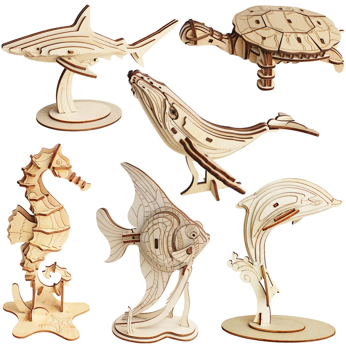 3D Wooden Sea Animal Puzzle, 6 Piece Set Wood Sea Animals Skeleton DIY Assembly 