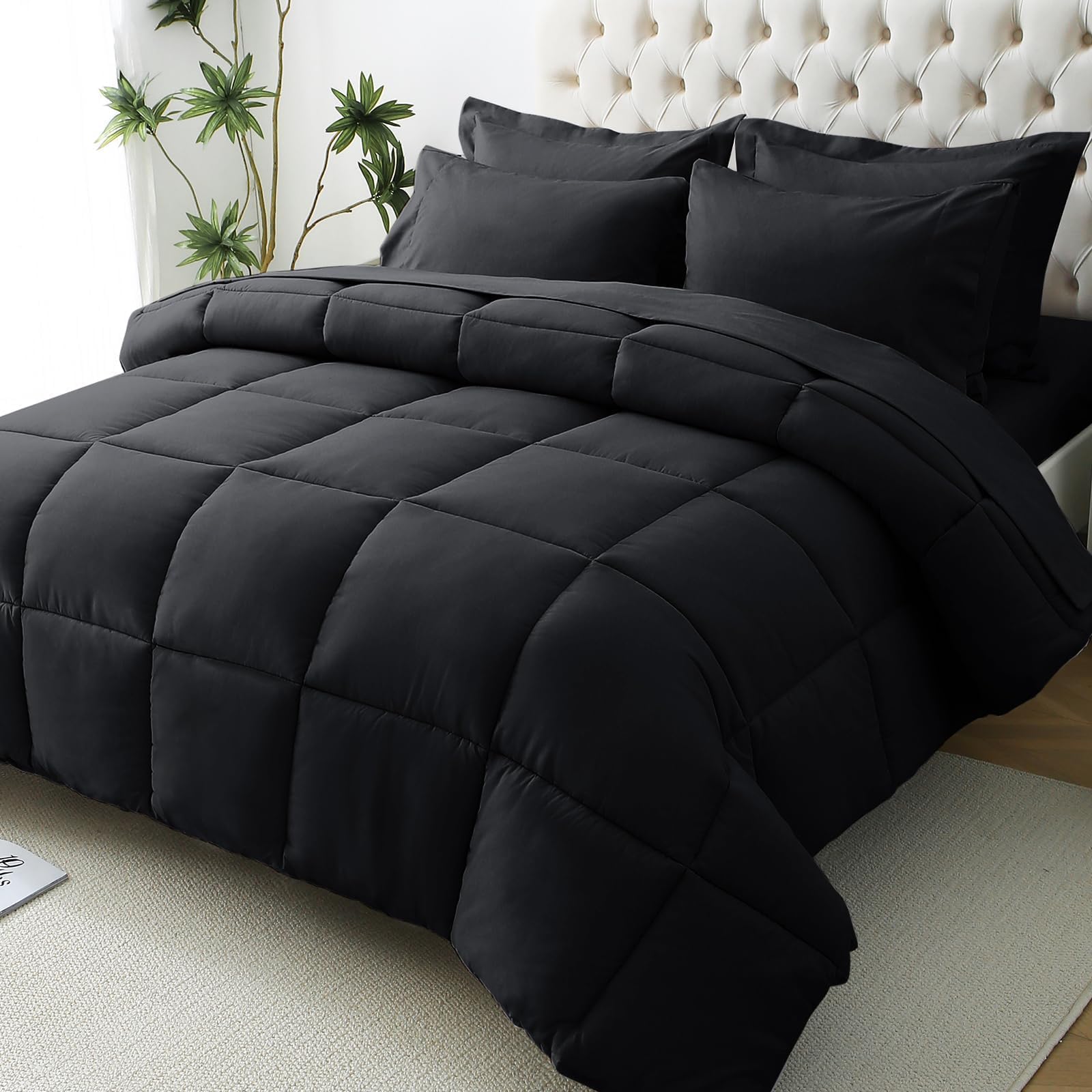 JOLLYVOGUE Queen Comforter Set 7 Pieces - Black Bed in a Bag Ultra-Soft - Goose 