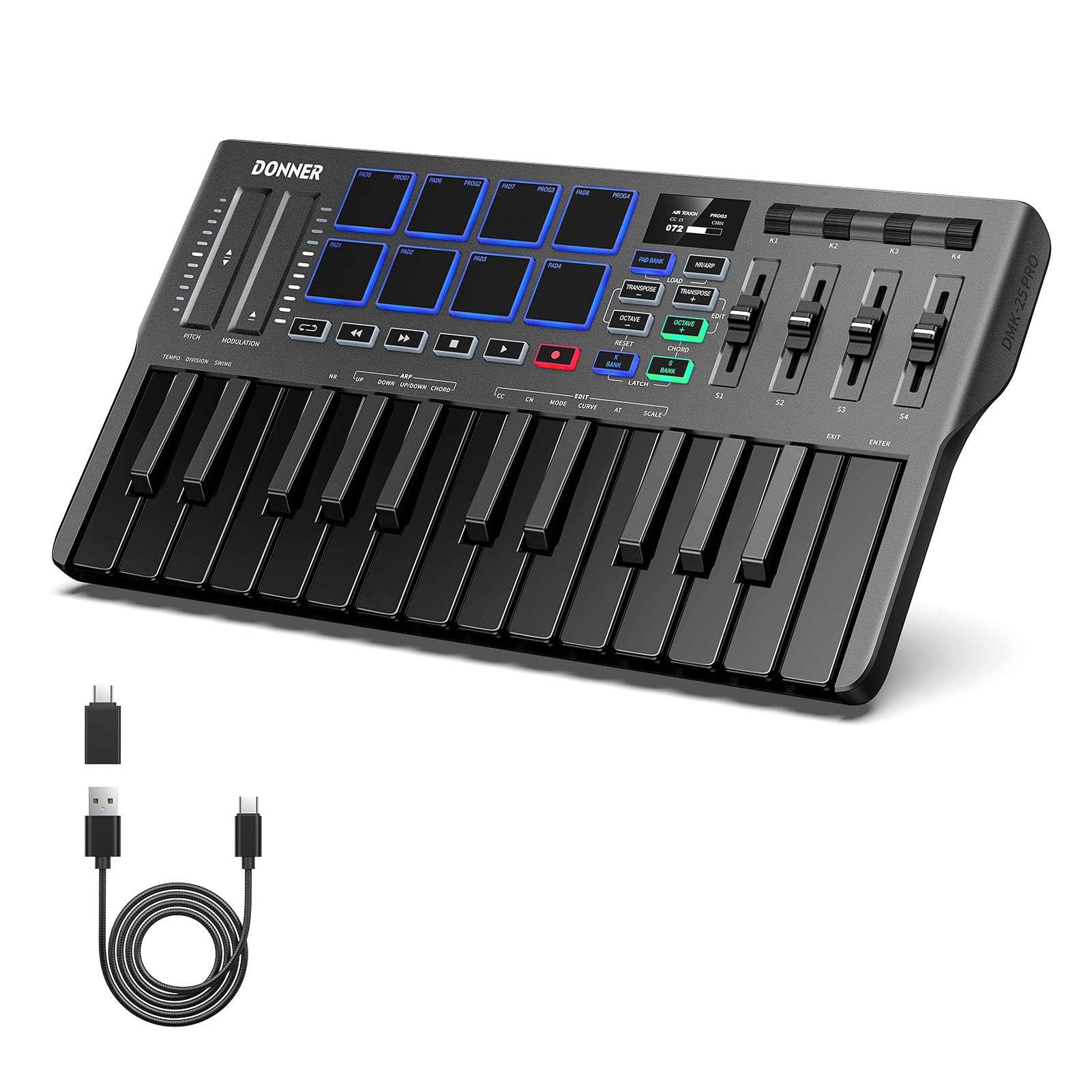 Donner DMK-25 Pro MIDI Keyboard Controller, Portable USB-C MIDI Keyboard with 25