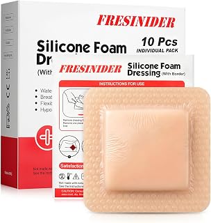 FRESINIDER Silicone Foam Dressing with Adhesive Border – Wound Dressing Bandage – Silicone Foam Pad – Pack of 10 – 4 x 4 Inches Large Waterproof Bandages – Self Adhesive Wound Care and Dressings