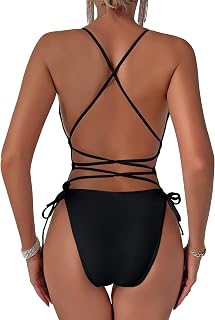 Lilosy Sexy Self Tie Criss Cross Plunge Backless High Cut Thong One Piece Swimsuit for Women Open Back Padded Cheeky Bathing Suit High Leg Bikini