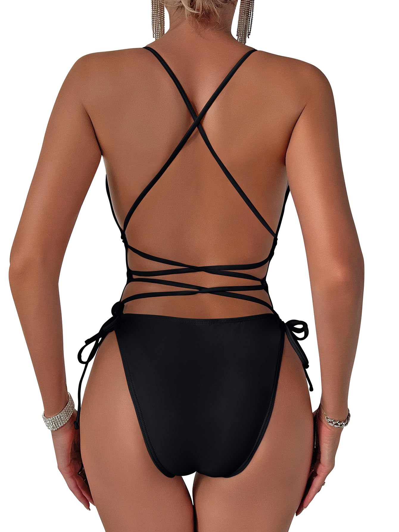 Lilosy Sexy Self Tie Criss Cross Plunge Backless High Cut Thong One Piece Swimsu