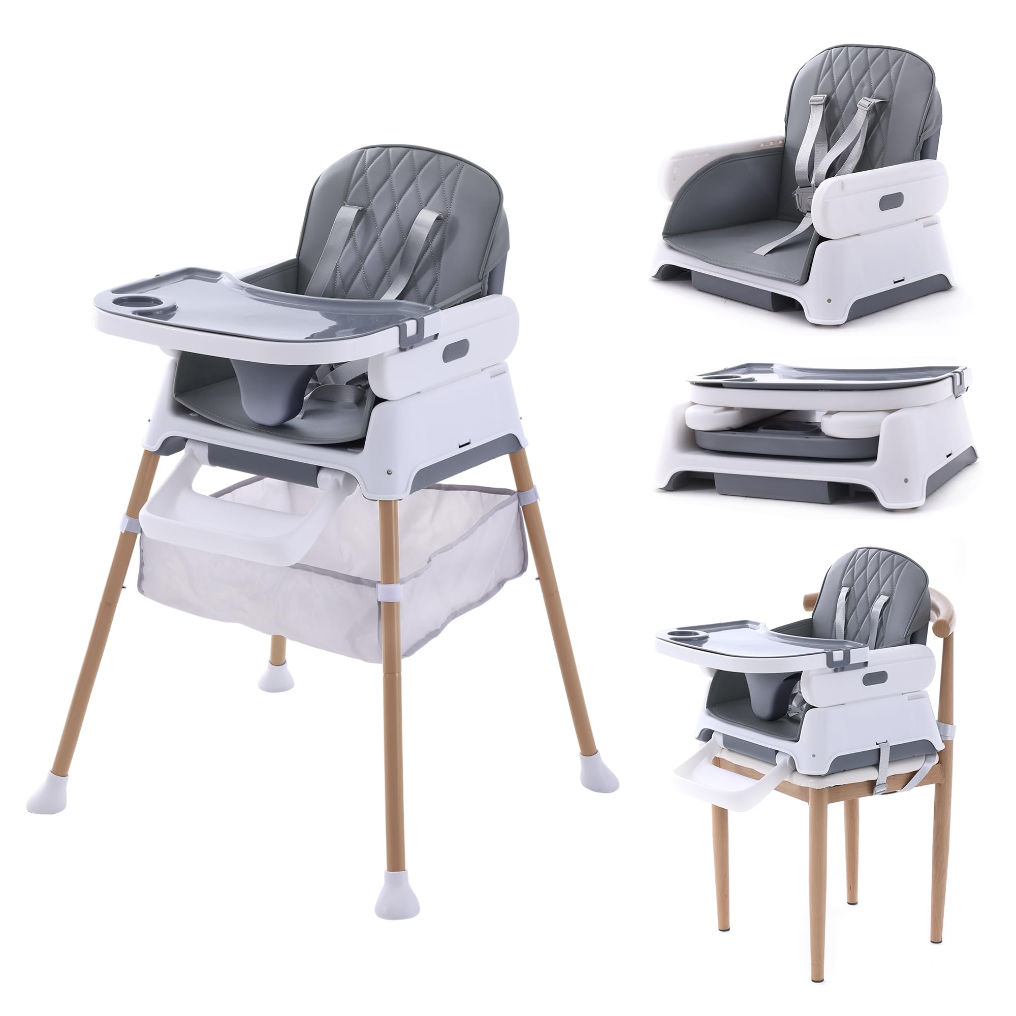 Hrusitoo 3-in-1 Convertible Baby High Chair with Booster Seat, Light Gray | Grow