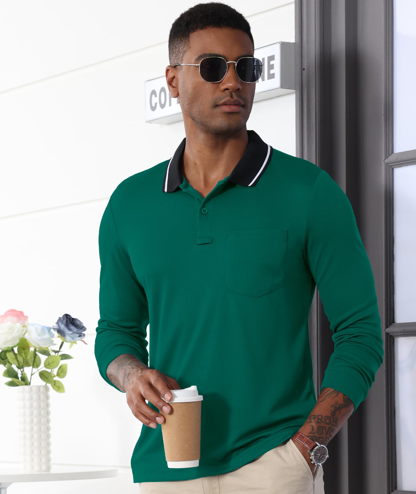 Mens Long Sleeve Polo Shirts Golf Shirts Pocket Casual Athletic Work T-Shirt Col