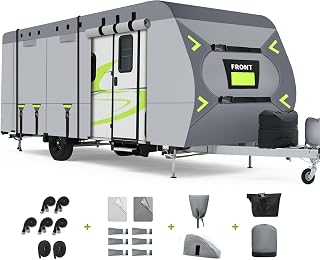 Heavy Duty 9 Layers RV Cover 24-27ft, Rip-Stop Motorhome Camper Cover with Windproof Straps, Gutter & Tongue Jack Covers, Utility Travel Trailer Cover for All Weather Protection
