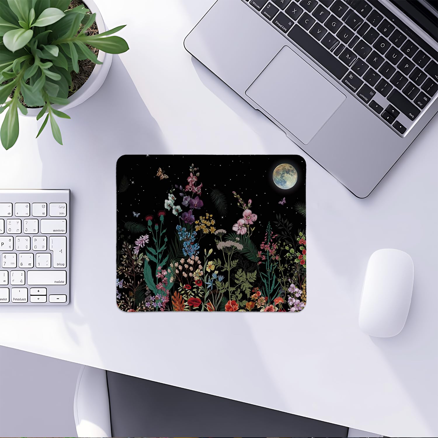 Moon and Witch Mouse Pad, Dark Floral Full Moon Mouse Pad for Home Office Dormit