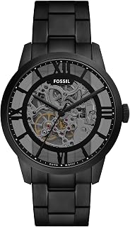 Fossil Men's Townsman Automatic Stainless Steel and Leather Three-Hand Skeleton Watch, Color: Black, Cognac (Model: ME3098)