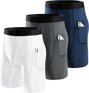 Niksa 3 Pieces Running Tights Men Short Shorts Basic Compression Men Shorts Workout with Cell Phone Pocket Quick Dry Breathable Shorts