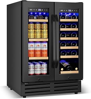 Velivi 24'' Wine and Beverage Refrigerator UnderCounter Fridge Dual Zone | Black Built-In or Freestanding Fridge with Glass Door&Lock, 18 Bottles and 68 Cans Large Capacity for Beer Soda Drink