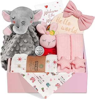 Baby Girl Gifts with Newborn Essentials, Baby Gift Basket for Baby Shower | Newborn baby girl gifts with swaddle blanket, bunny rattle and elephant lovey; new baby girl gift set for gender reveals