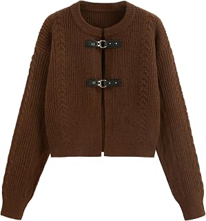 CIDER Cardigan Sweater for Women Round Neck Buckle Sweater Knitted Crop Top Long Sleeve Open Front Outerwear