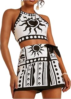 SweatyRocks Women's Tropical Halter Top and Shorts 2 Piece Vacation Outfits