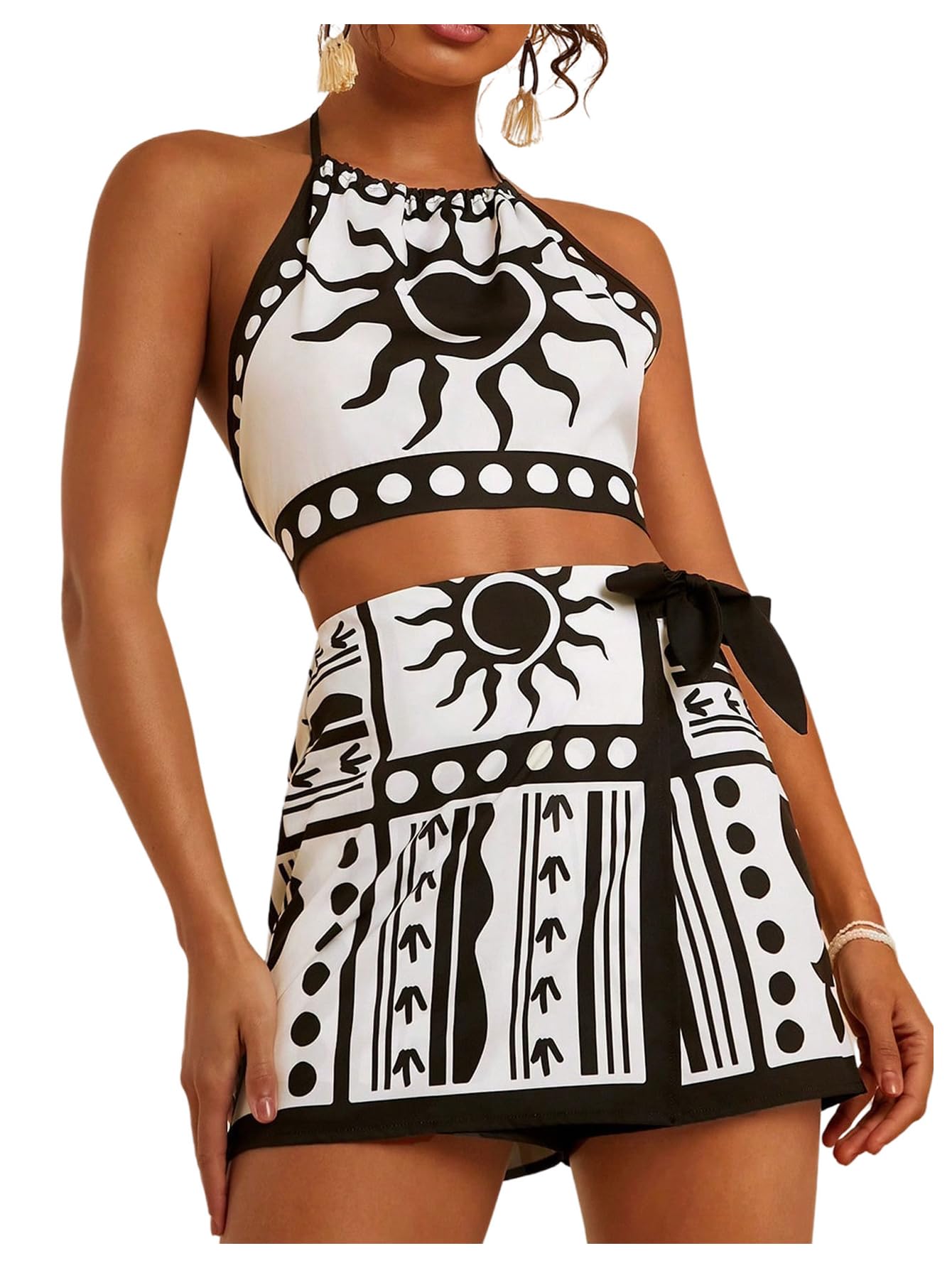 SweatyRocks Women's Tropical Halter Top and Shorts 2 Piece Vacation Outfits