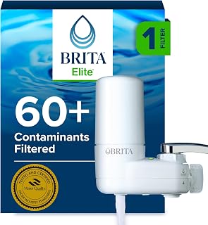 Brita Elite Advanced White Faucet Water Filter System, 1 Filter | 3 spray options, reduces 60+ contaminants, 4 month filter life, no tools install, replaces 1,800 bottles