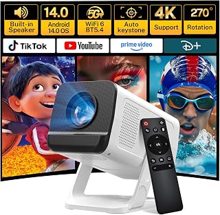 Built-in Apps 4K Support Mini Projector with Android 14 and Auto Keystone | Portable Smart Projecteur 400ANSI with WiFi 6 Bluetooth 5.4, 270° Rotation for Bedroom Outdoor with Netflix/iOS/HDMI/TV Stick