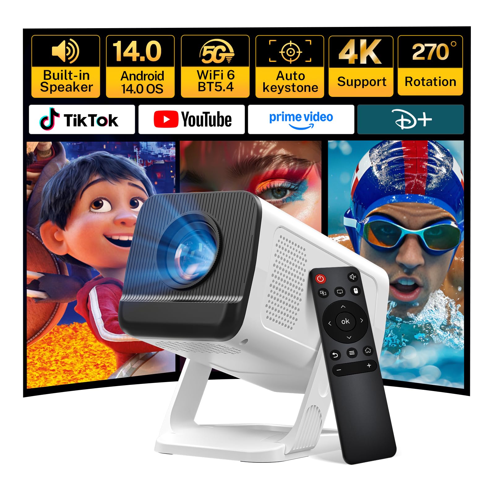 Built-in Apps 4K Support Mini Projector with Android 14 and Auto Keystone | Port