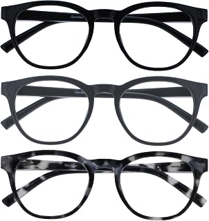 OPULIZE BLU Blue Light Blocking Reading Glasses for Women Men, Cool Round Frame with Anti-Glare Computer and Gaming Eyewear, UV and Eyestrain Protection, Black Grey Tort +0.00 (Pack of 3)