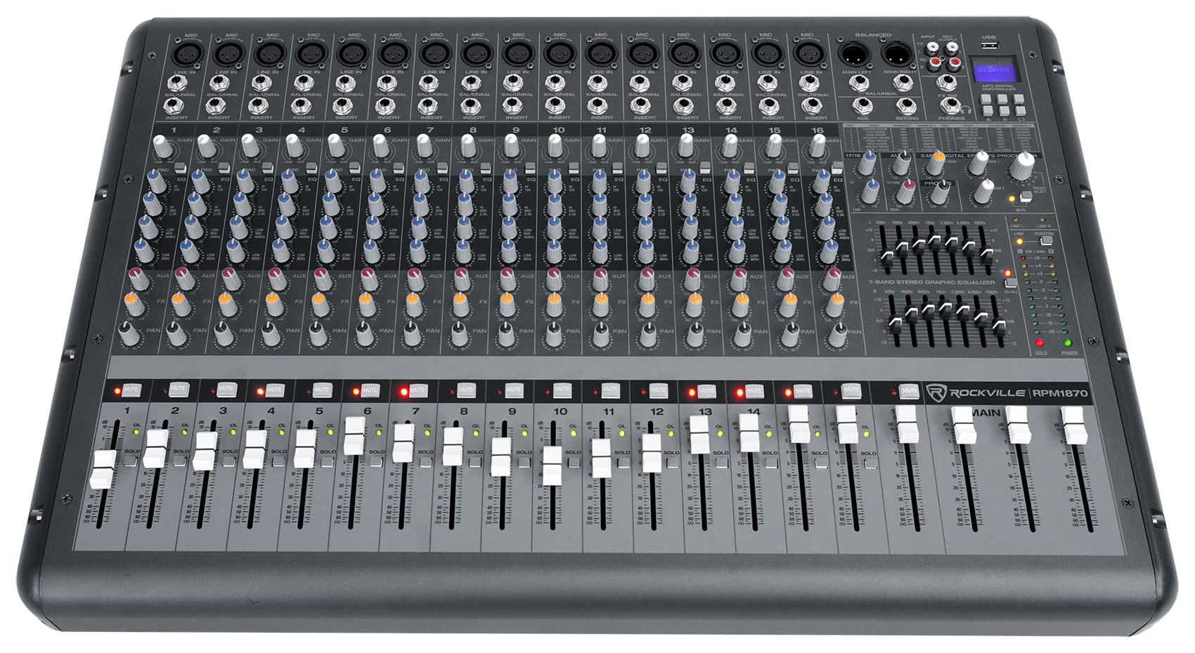 Rockville RPM1870 18 Channel 6000W Powered Mixer with USB, 16 XDR2 Mic Pres | 24
