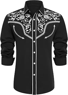 Men's Western Cowboy Shirt Embroidered Long Sleeve Button Down Shirt
