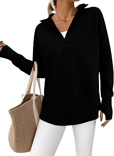 PRETTYGARDEN Women Long Sleeve Quarter Zip Casual V Neck Ribbed Collar Thumbhole Sweater