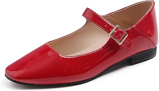 Feversole Women's Square Toe Mary Jane Fashion, Square Toe Easy Buckle Low Heel Slip On Flats in Vegan Leather