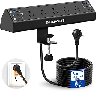 IMGadgets Power Bar (6.6ft Cord) with Desk Clamp, Surge Protector Power Strip, 5 AC outlets, 6 USB Ports (2 USB-A, 4 USB-C), 20W Fast Charging and 45° Flat Plug Charging Station with Extension Cord