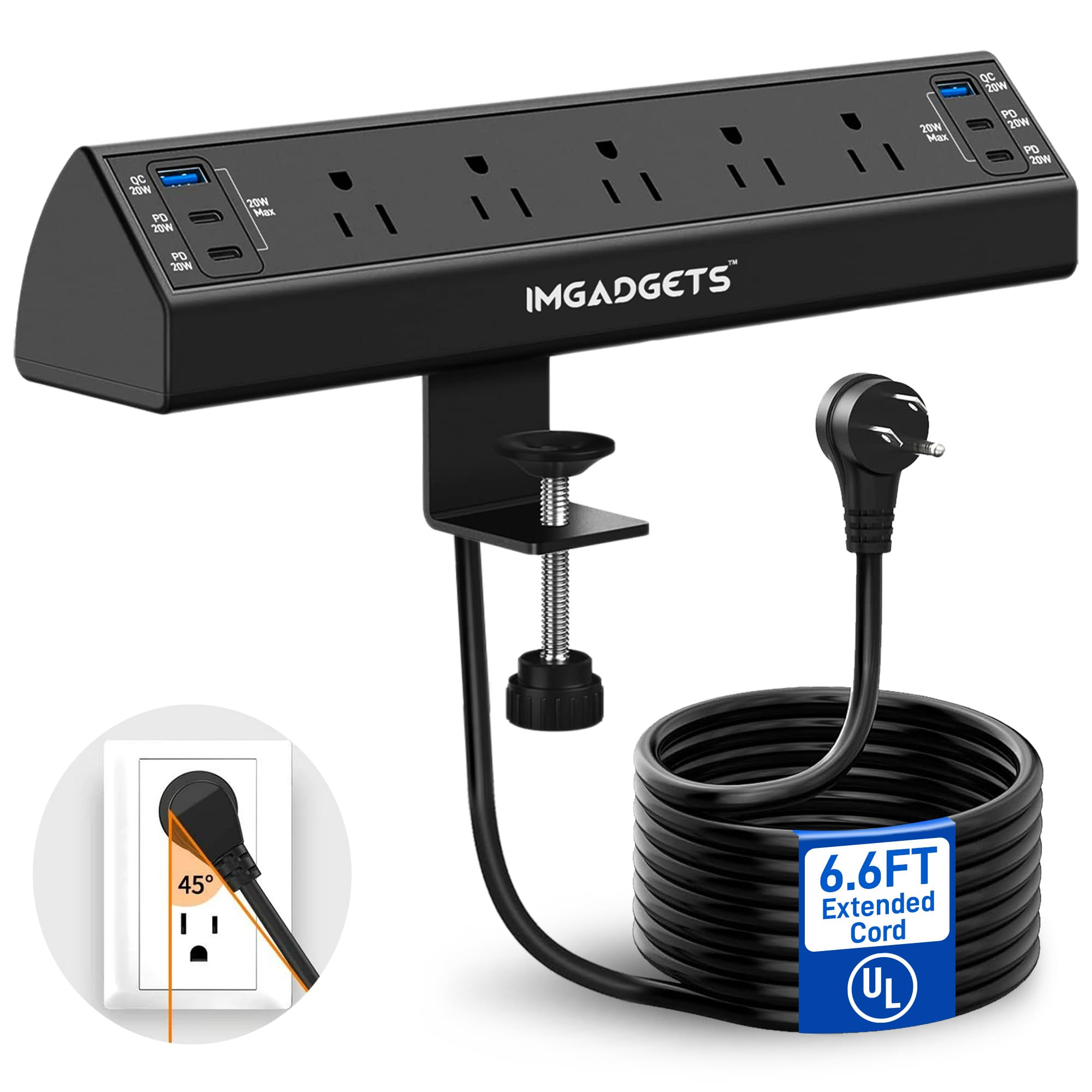 IMGadgets Power Bar (6.6ft Cord) with Desk Clamp, Surge Protector Power Strip, 5